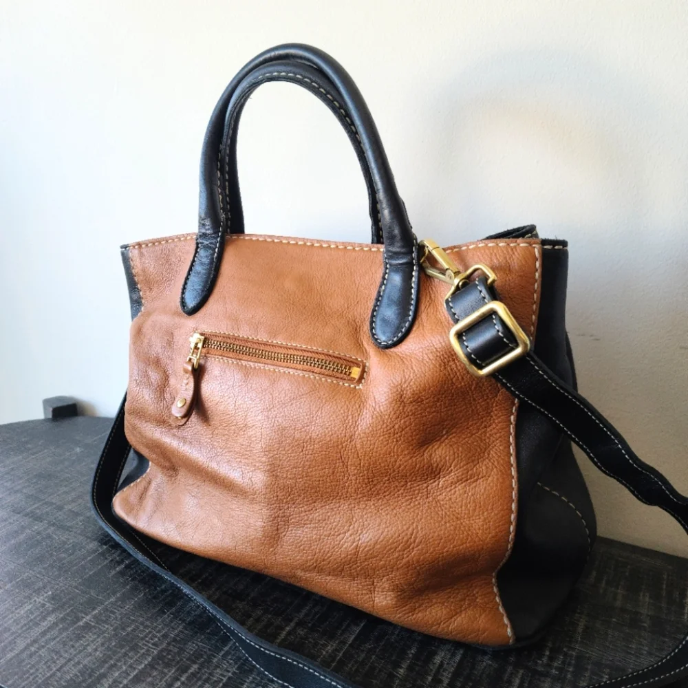 Roots Black & Tan Leather Satchel Crossbody Bag - Picture 1 of 9